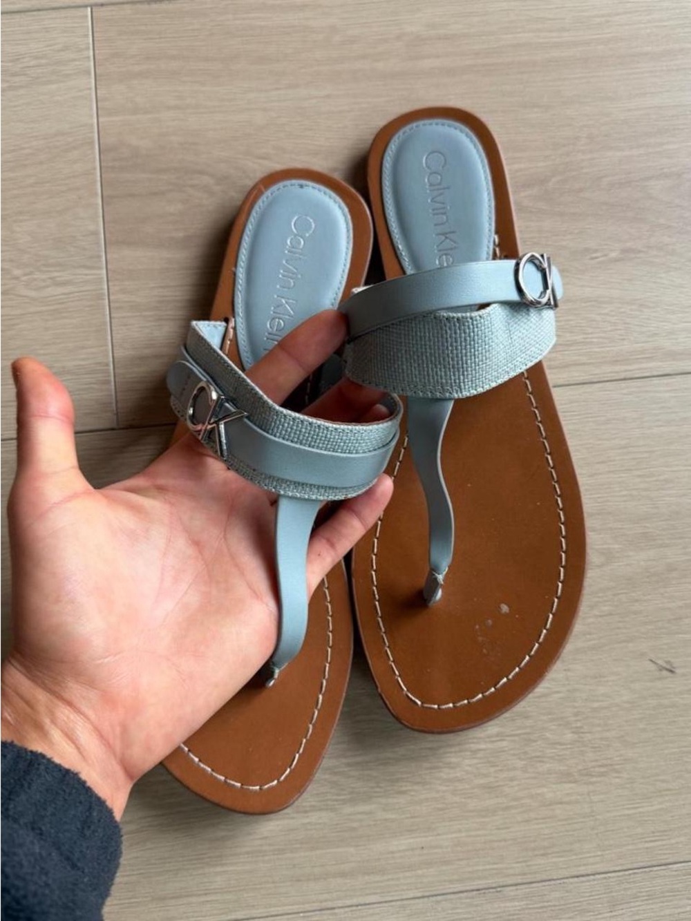 Calvin Klein Light Blue Thong Sandals with Silver Accent